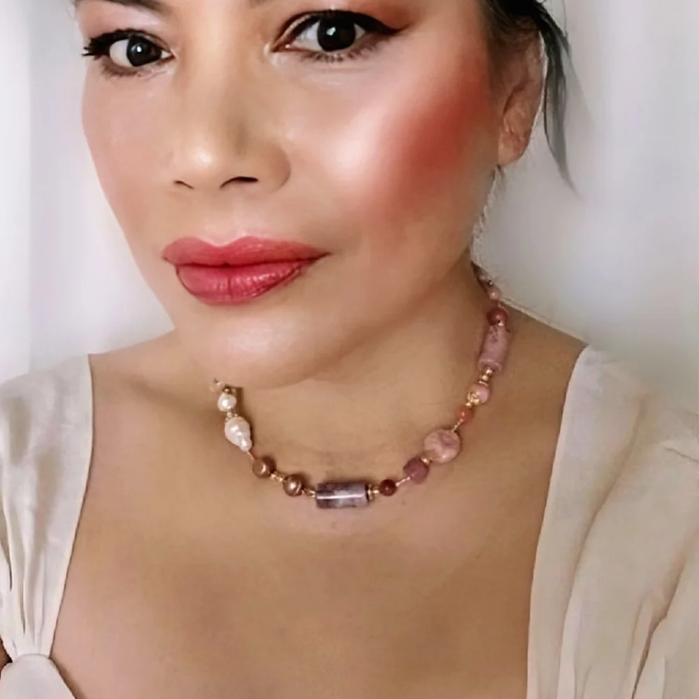 Natural Cherry Red Jade & White Baroque Pearls In Assymetrical Freeform Necklace